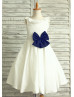 Ivory Cotton Simple Flower Girl Dress With Navy Blue Bow 